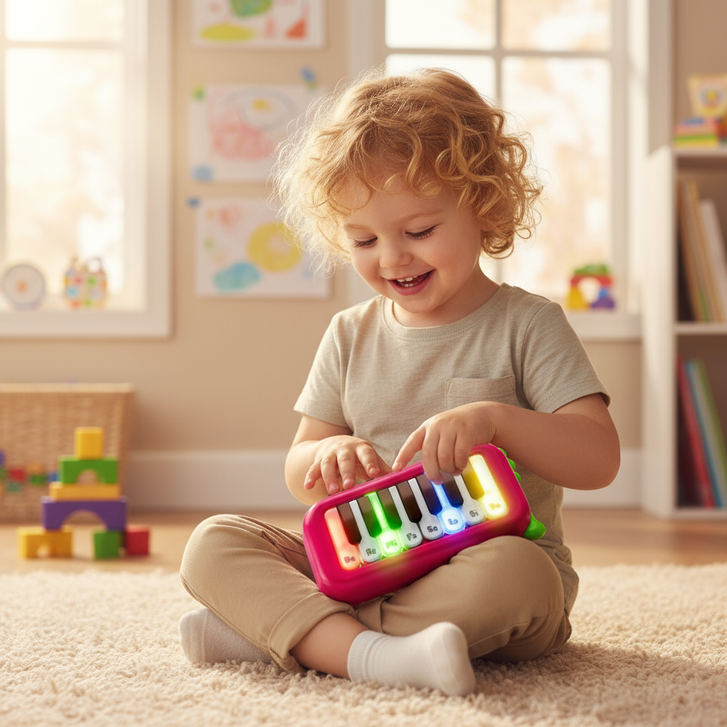 Child playing with pocket piano on carpet