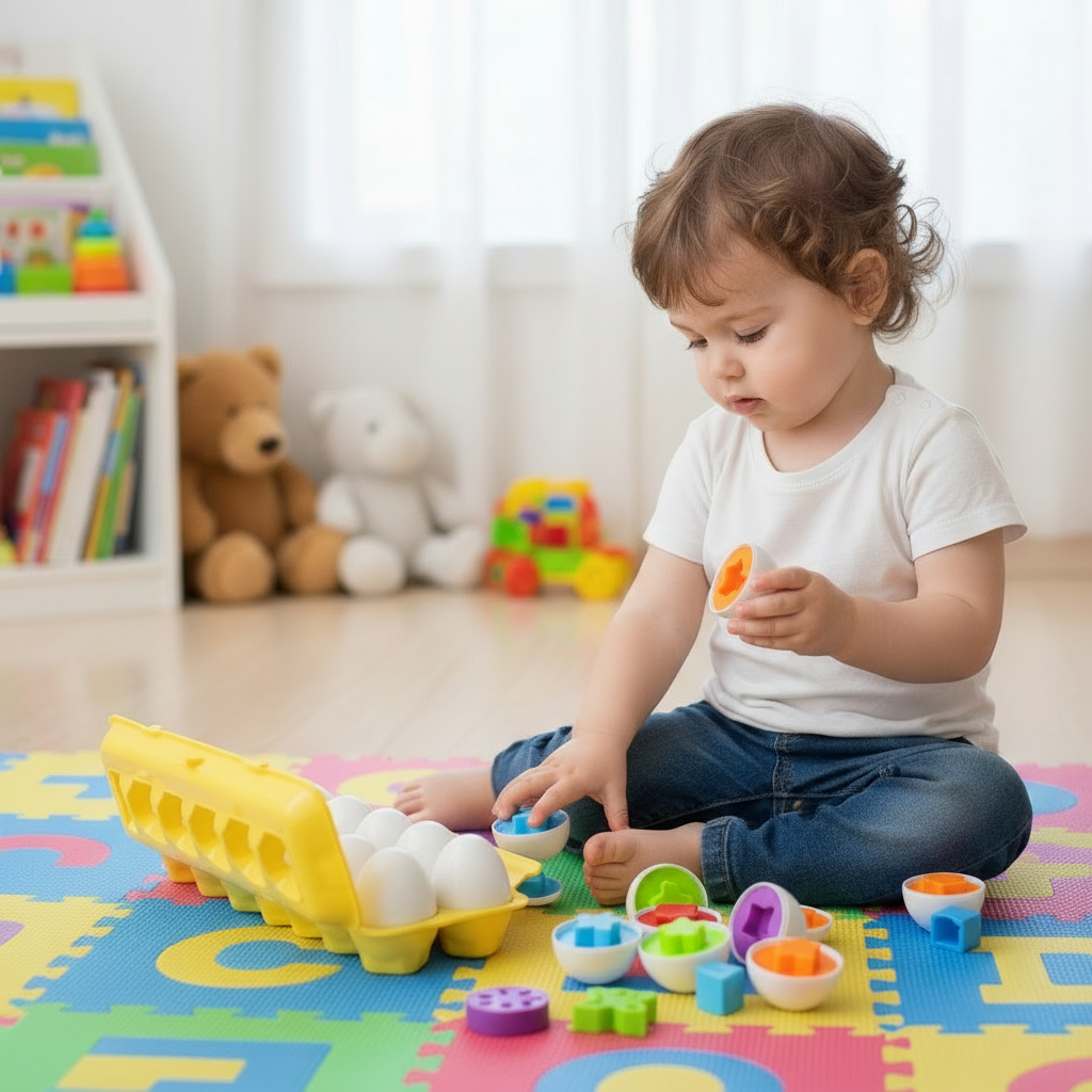 Child playing with smart egg matching toy