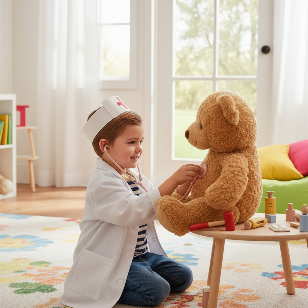 Child Using Little Doctor Medical Kit with Stuffed Animal