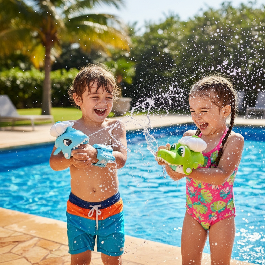 Children Having Water Fight with Wrist Water Guns