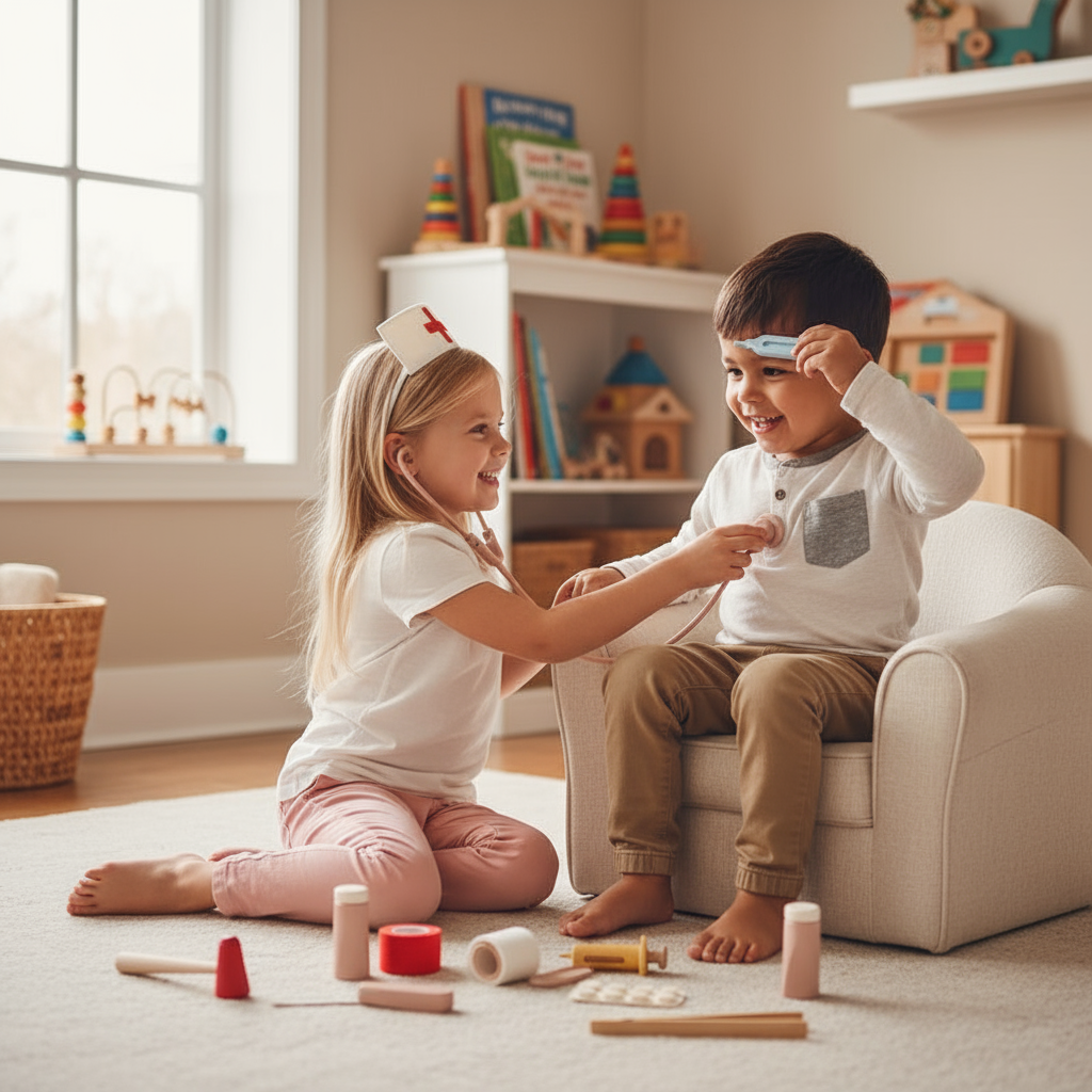 Children Playing Doctor Together with Medical Kit
