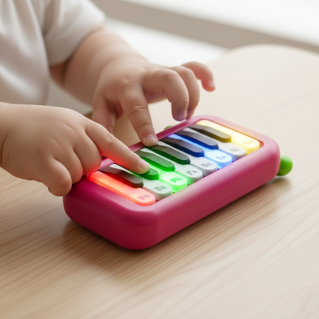 Close-up of child hands on pocket piano keys