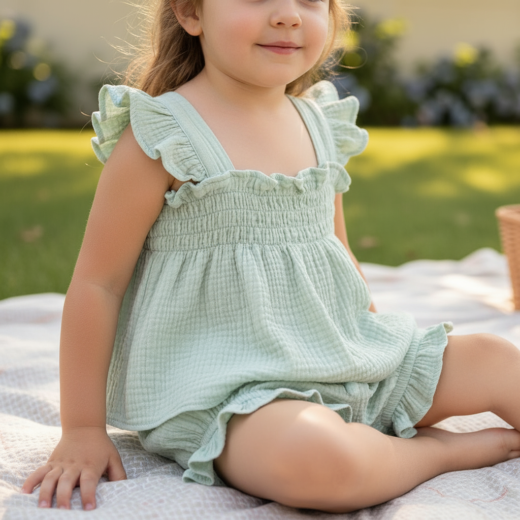 Close-up of girl wearing the outfit on grass