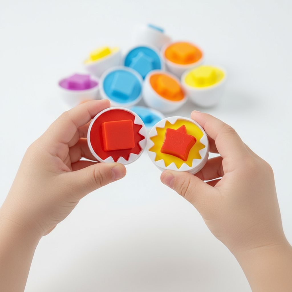 Close-up of hands matching egg halves