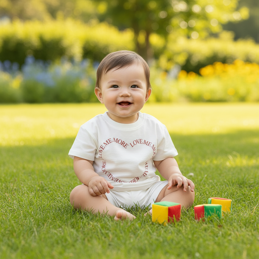 Close-up of toddler wearing exact color heart print set