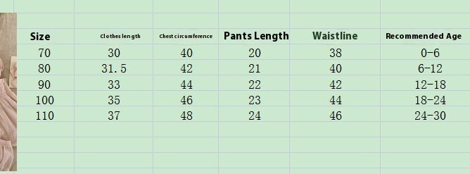 Table with clothing size chart including clothes length, chest circumference, pants length, waistline, and recommended age.