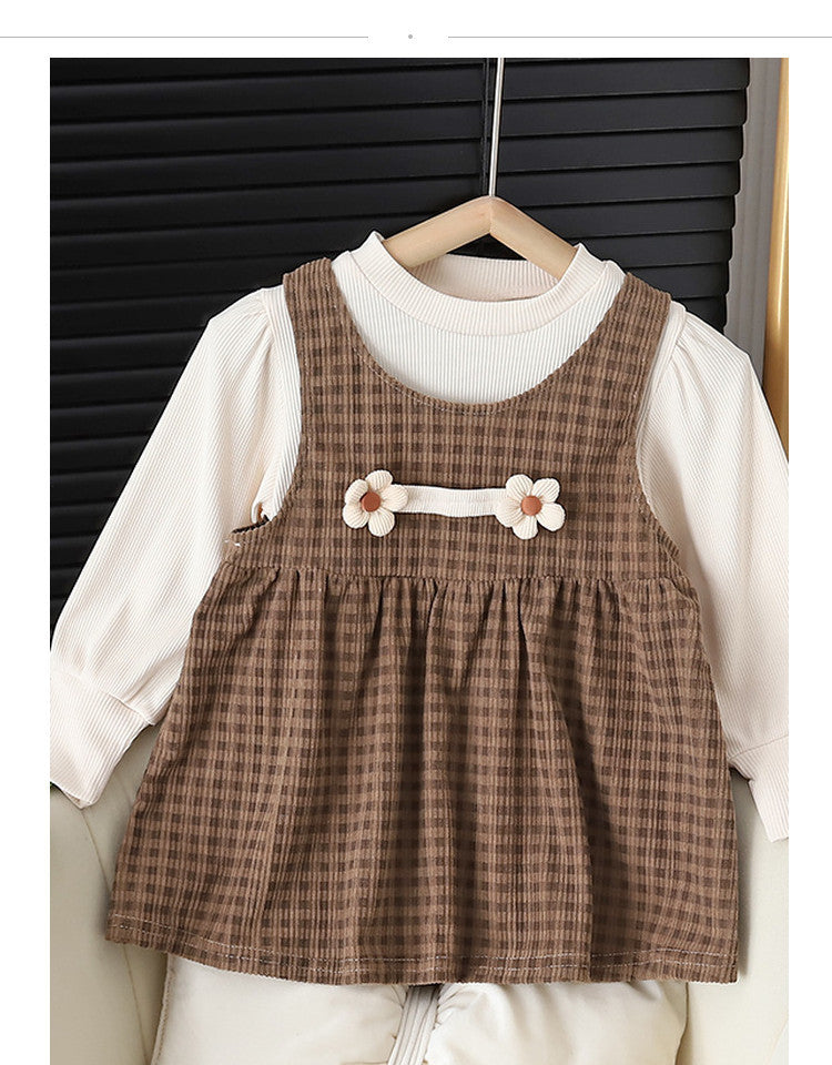 Korean style baby girl plaid dress with matching shirt for cooler weather