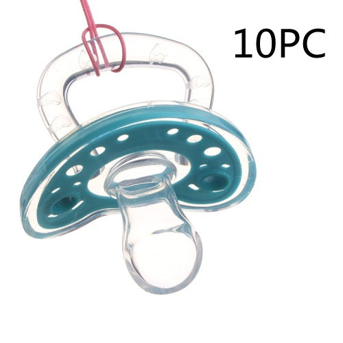 Teal and clear baby pacifier with a pink string, labeled '10PC' on a white background.