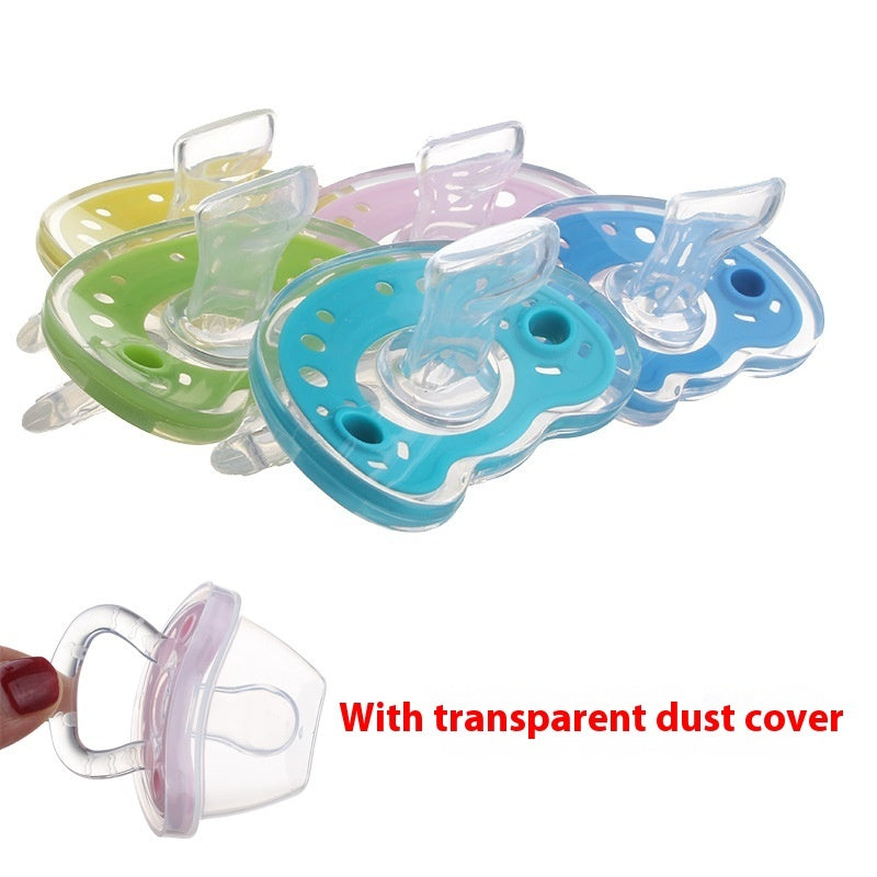 Colorful baby pacifiers with a transparent dust cover on a white background