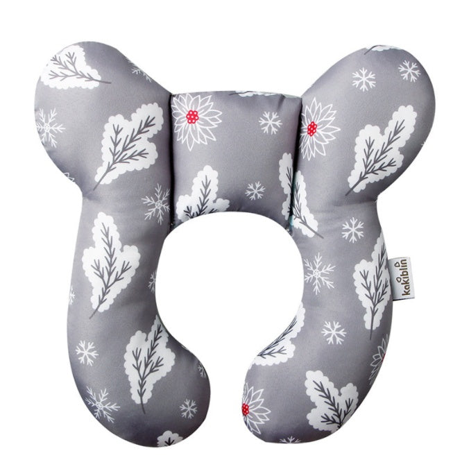 Gray neck pillow with floral pattern on a white background