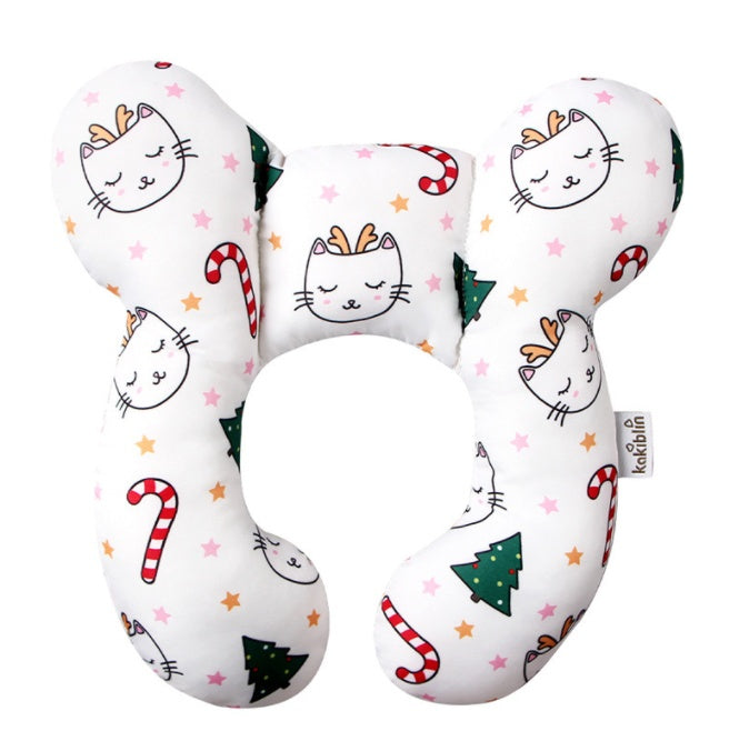 U-shaped pillow with cat and Christmas tree pattern on a white background