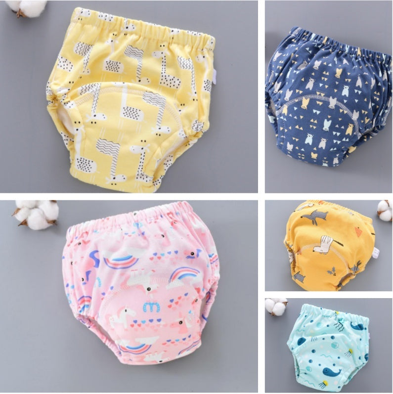 Collage of colorful baby bloomers with various patterns on a gray background.