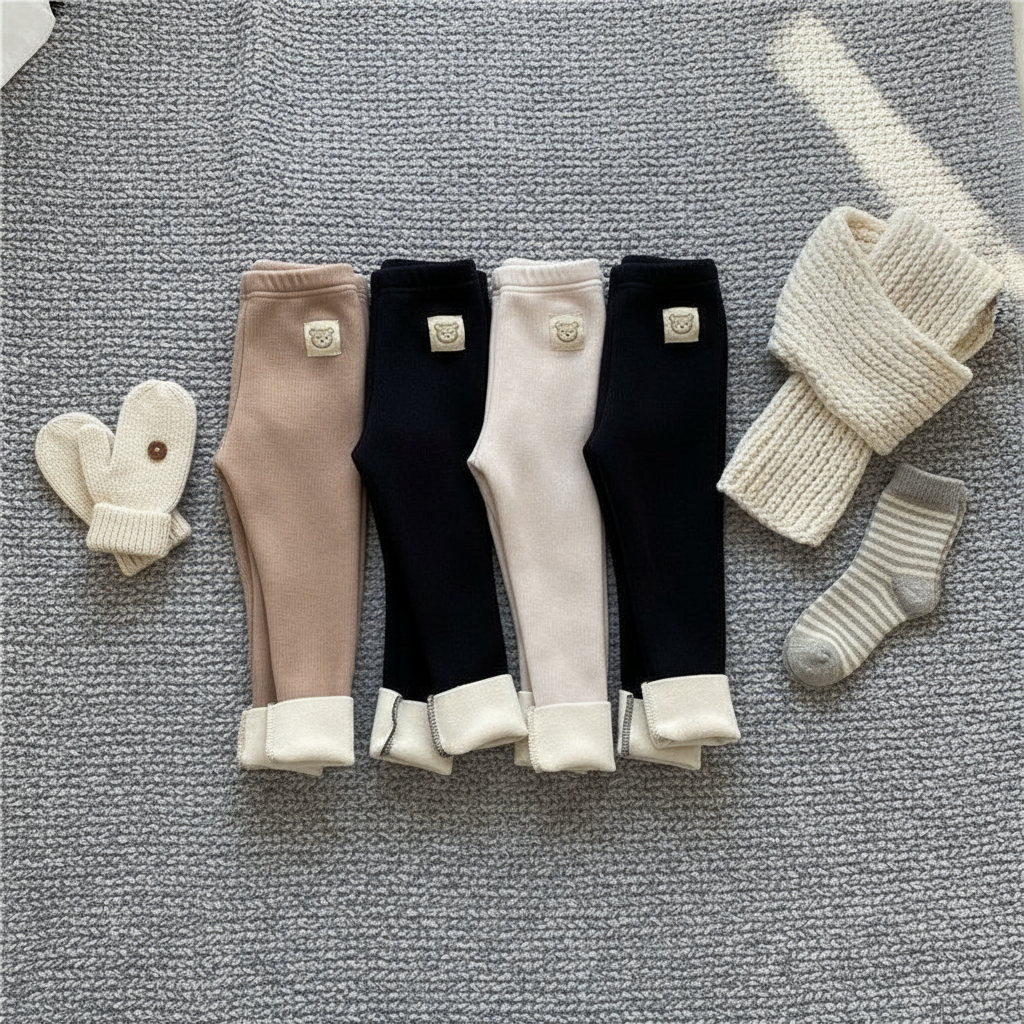 Flat lay of fleece leggings with winter accessories