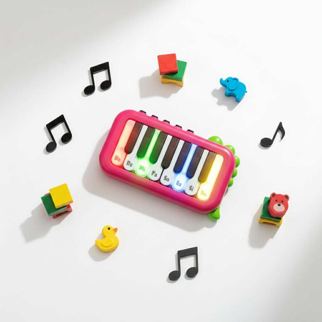 Flat lay of pocket piano with playful elements