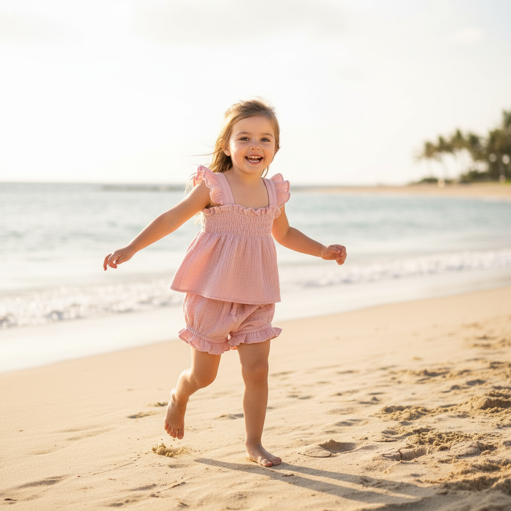 Girl running and playing in pink outfit