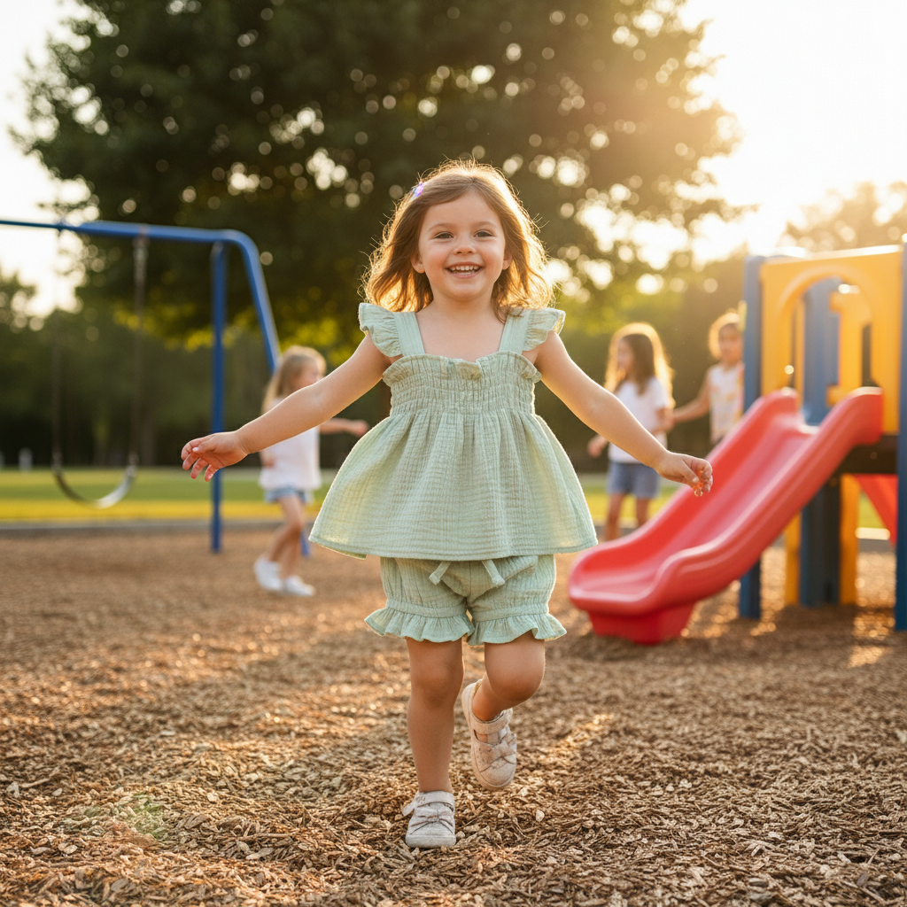 Girl running and playing in the outfit