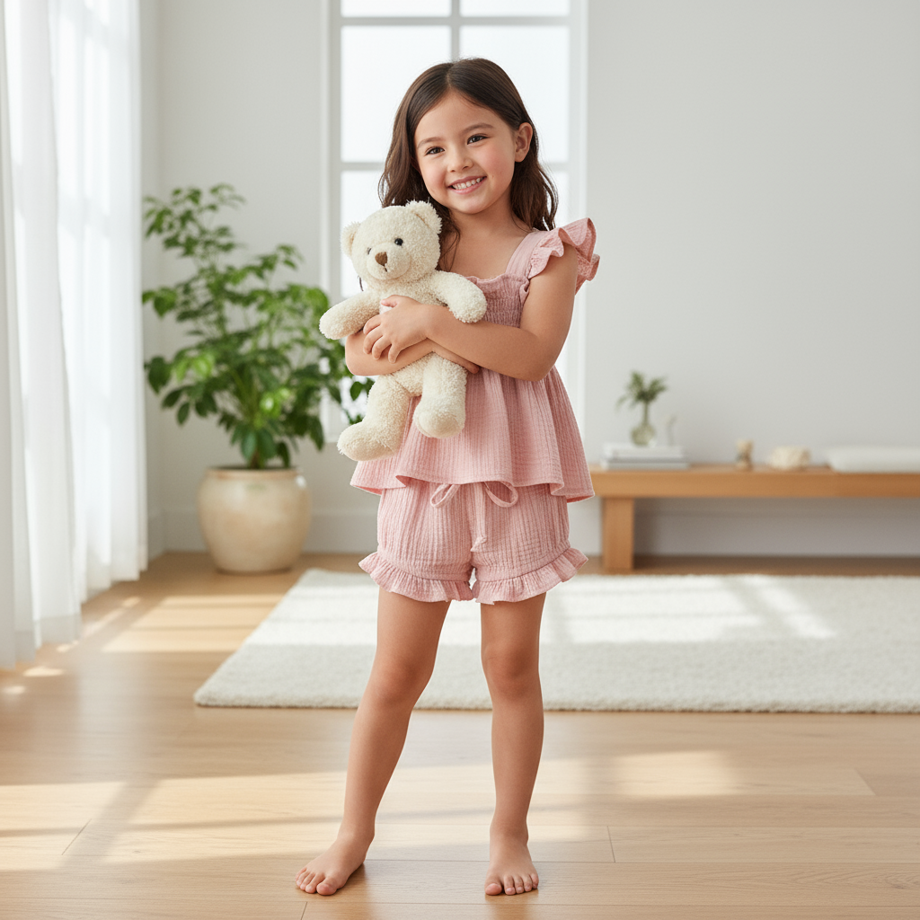 Girl wearing pink outfit indoors