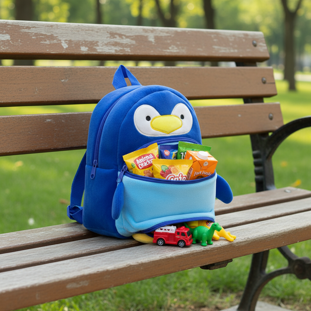 Hyper-realistic cartoon toy bag on park bench
