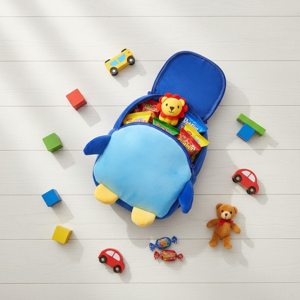 Hyper-realistic flat lay of cartoon toy bag with toys