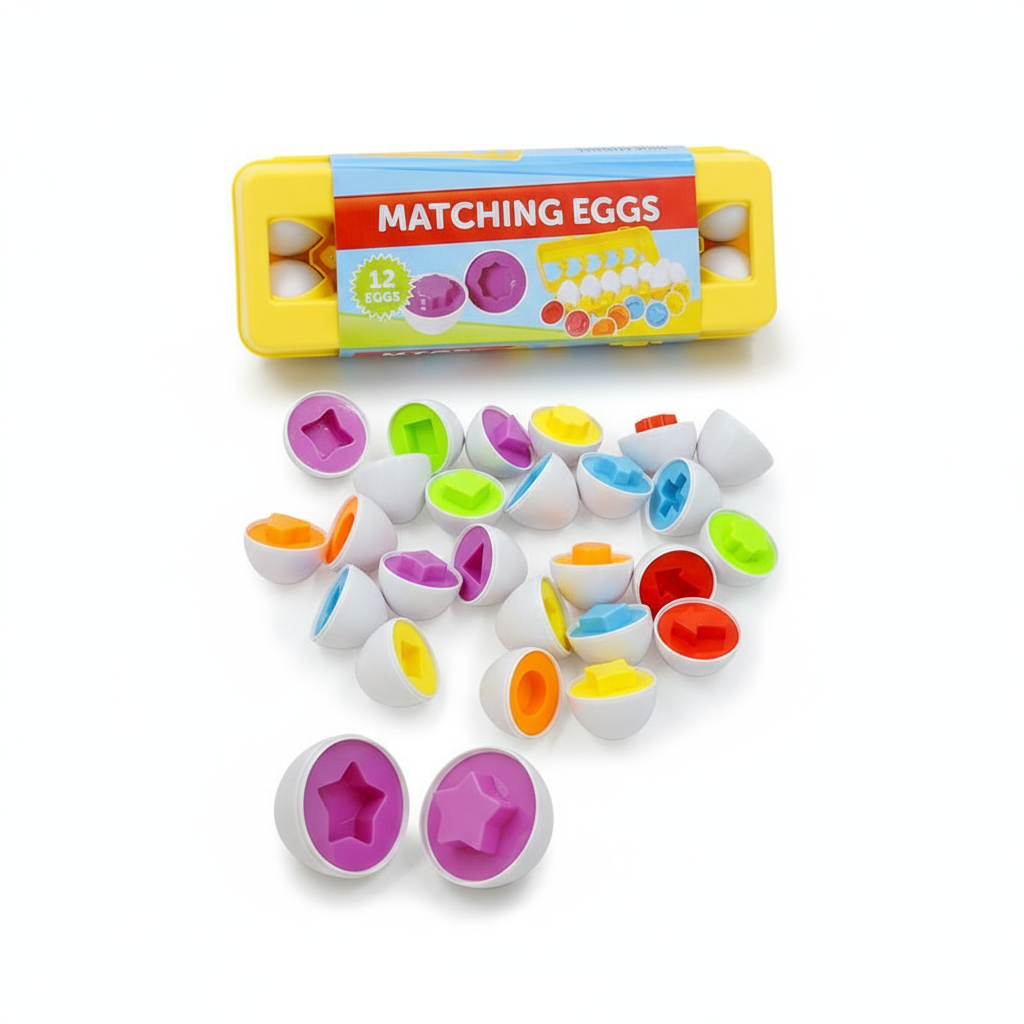 Overhead flat lay of smart egg toys