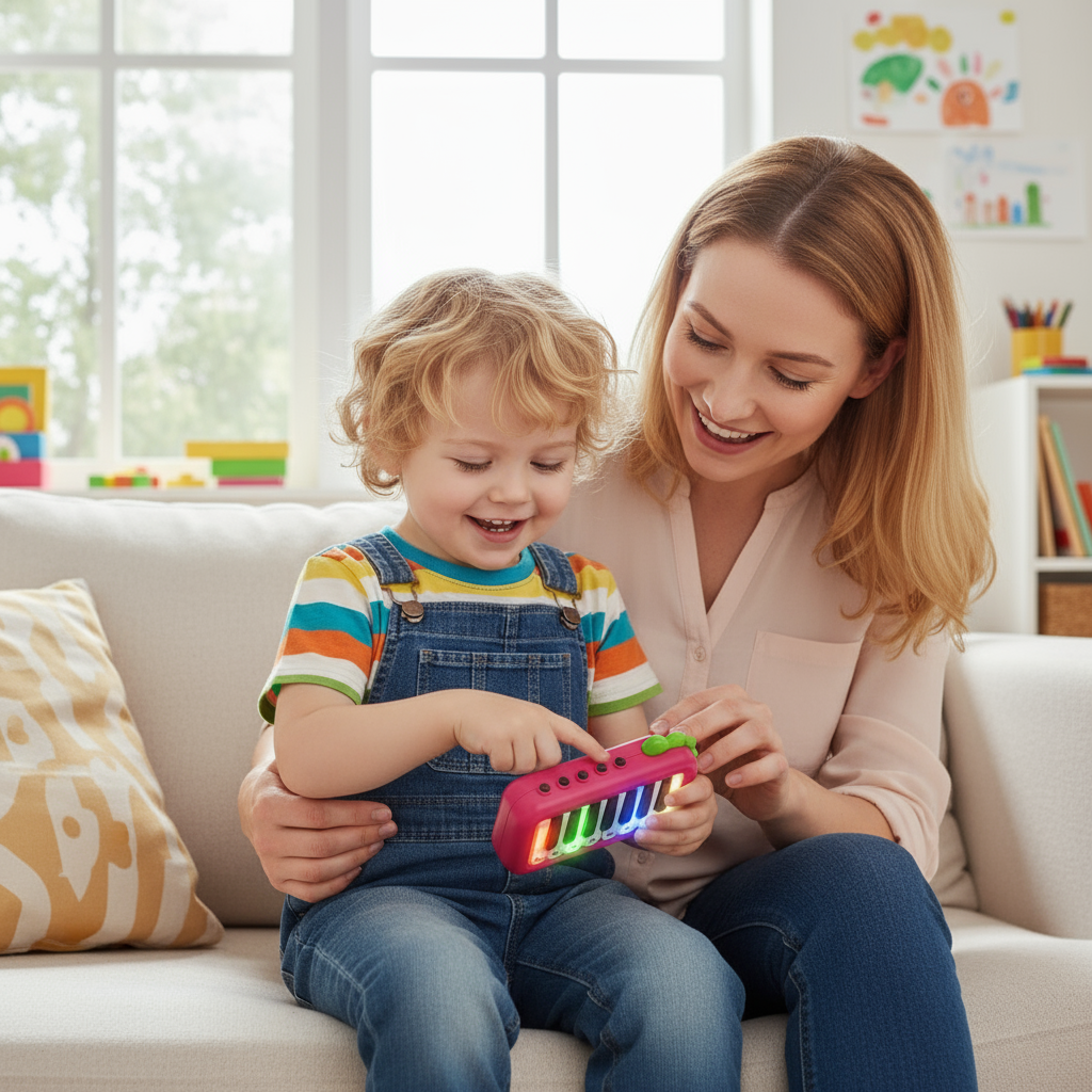 Parent and child enjoying pocket piano together