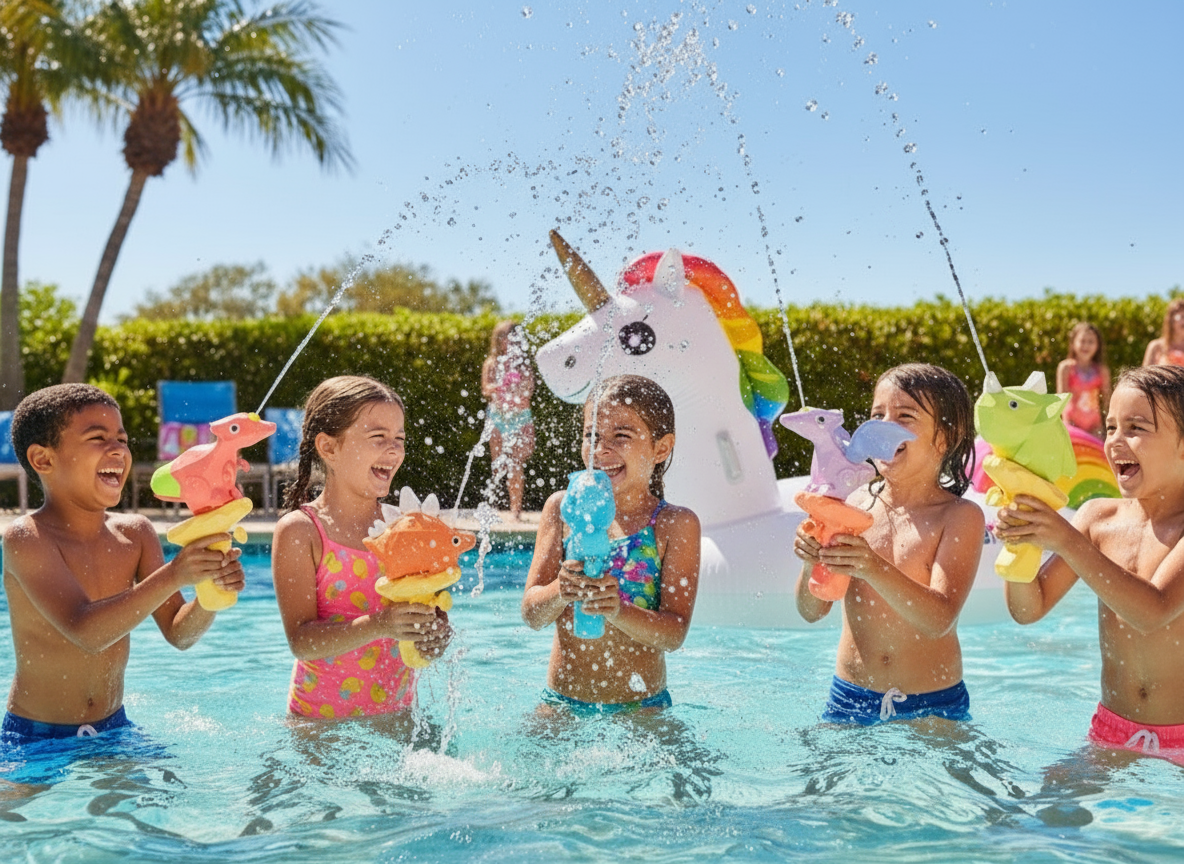 Pool party scene with children and colorful toys