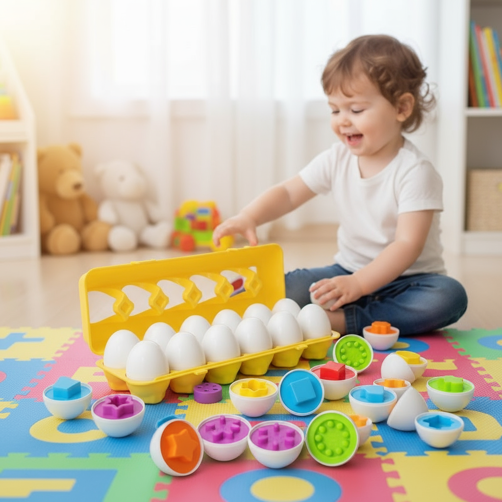 Smart eggs in storage case with child