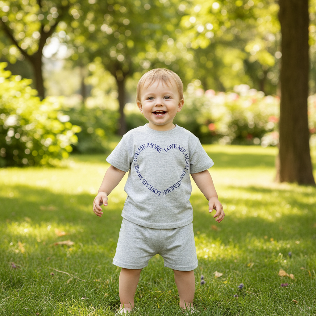 Toddler wearing exact color heart print outfit outdoors