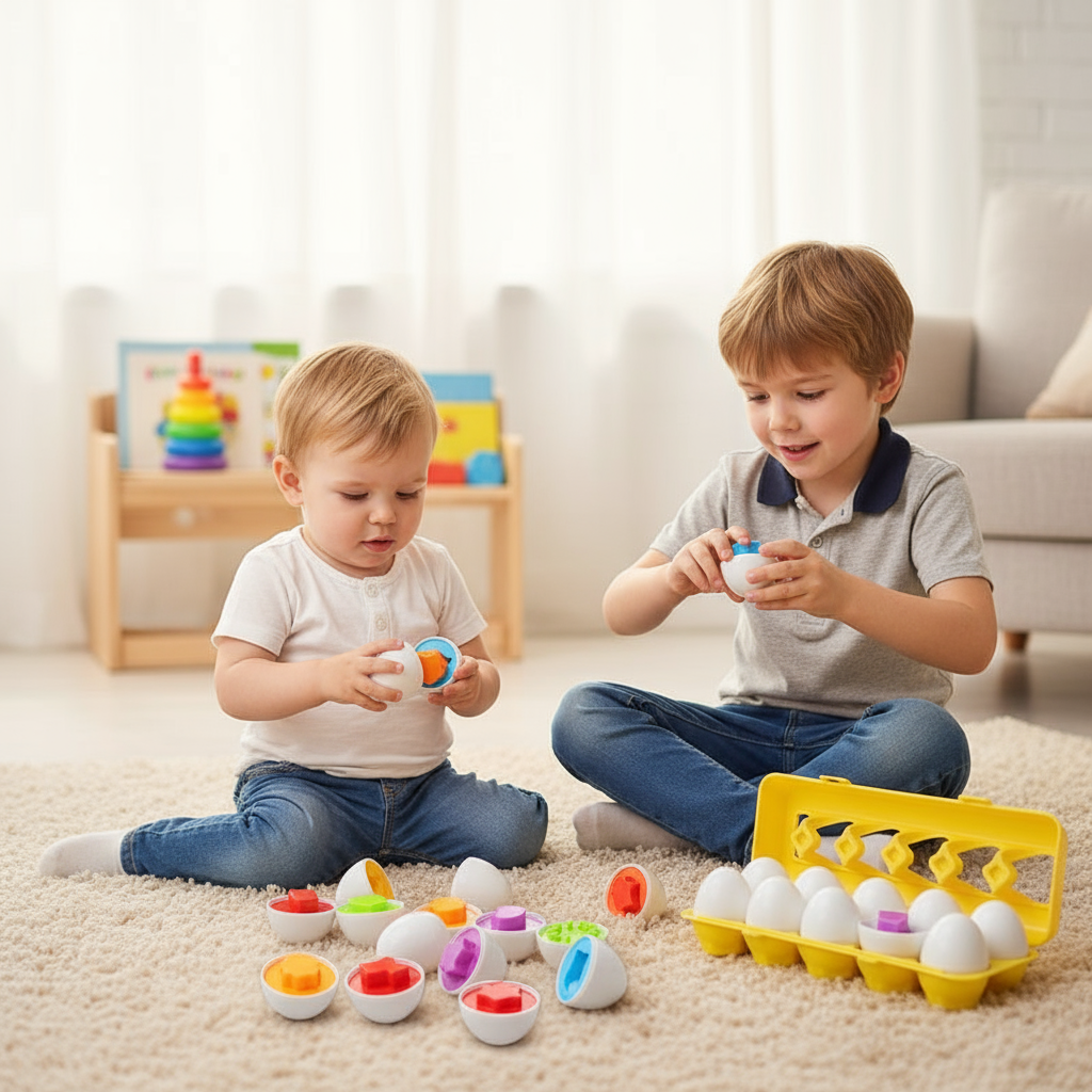 Two children playing with egg matching toys