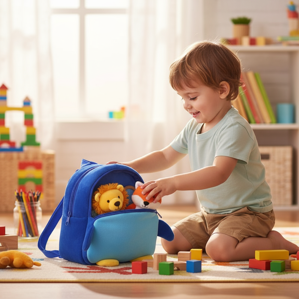 Ultra-realistic child collecting toys in cartoon bag