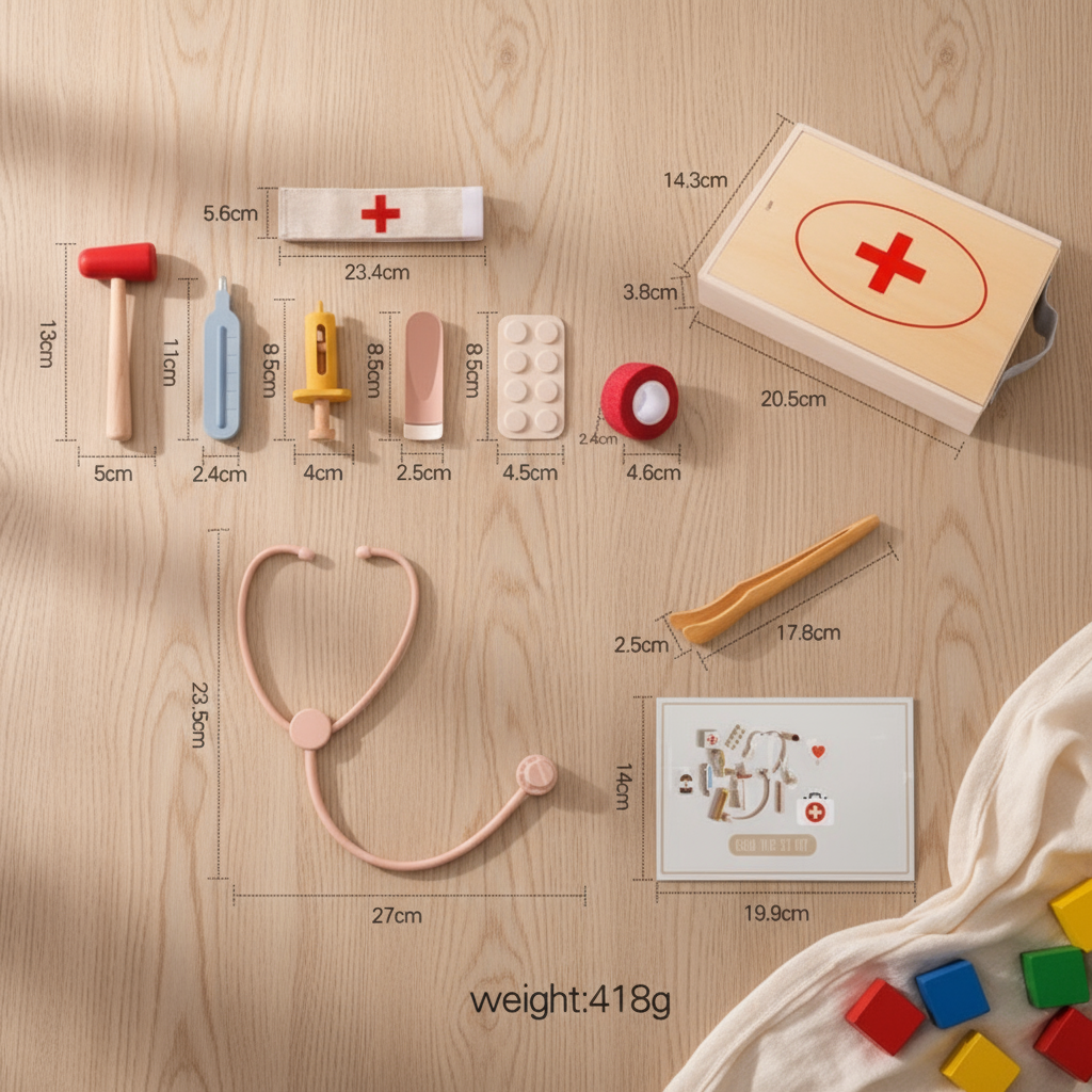 Wooden doctor play kit detailed view