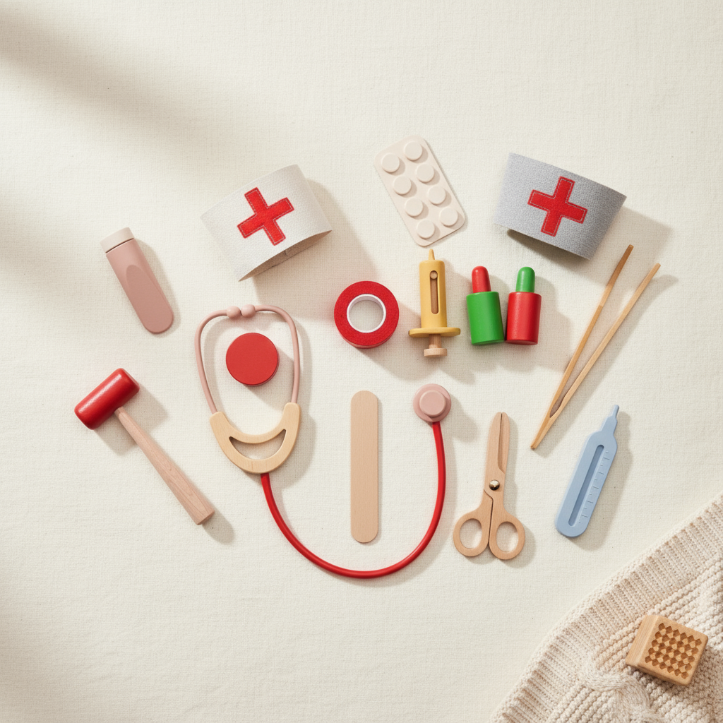 Wooden doctor play kit flat lay arrangement