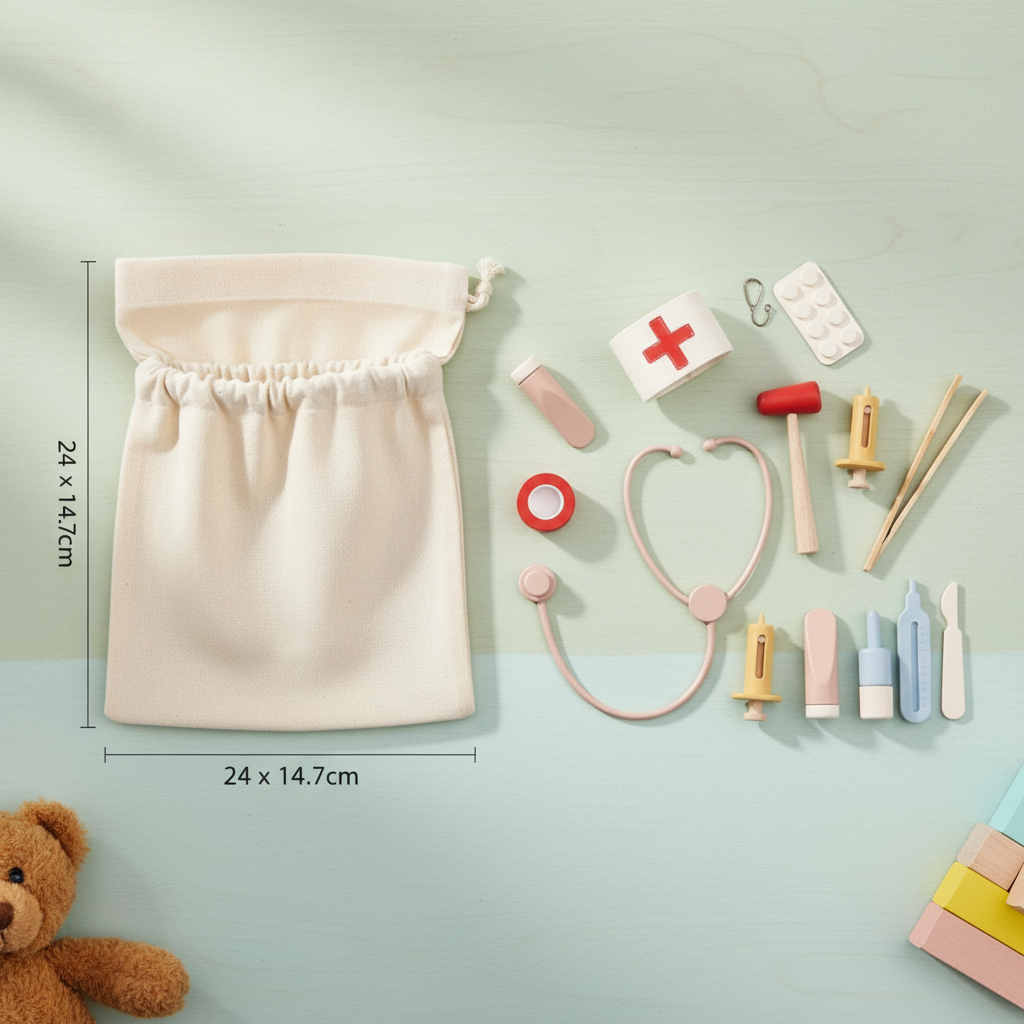 Wooden doctor play kit with storage bag